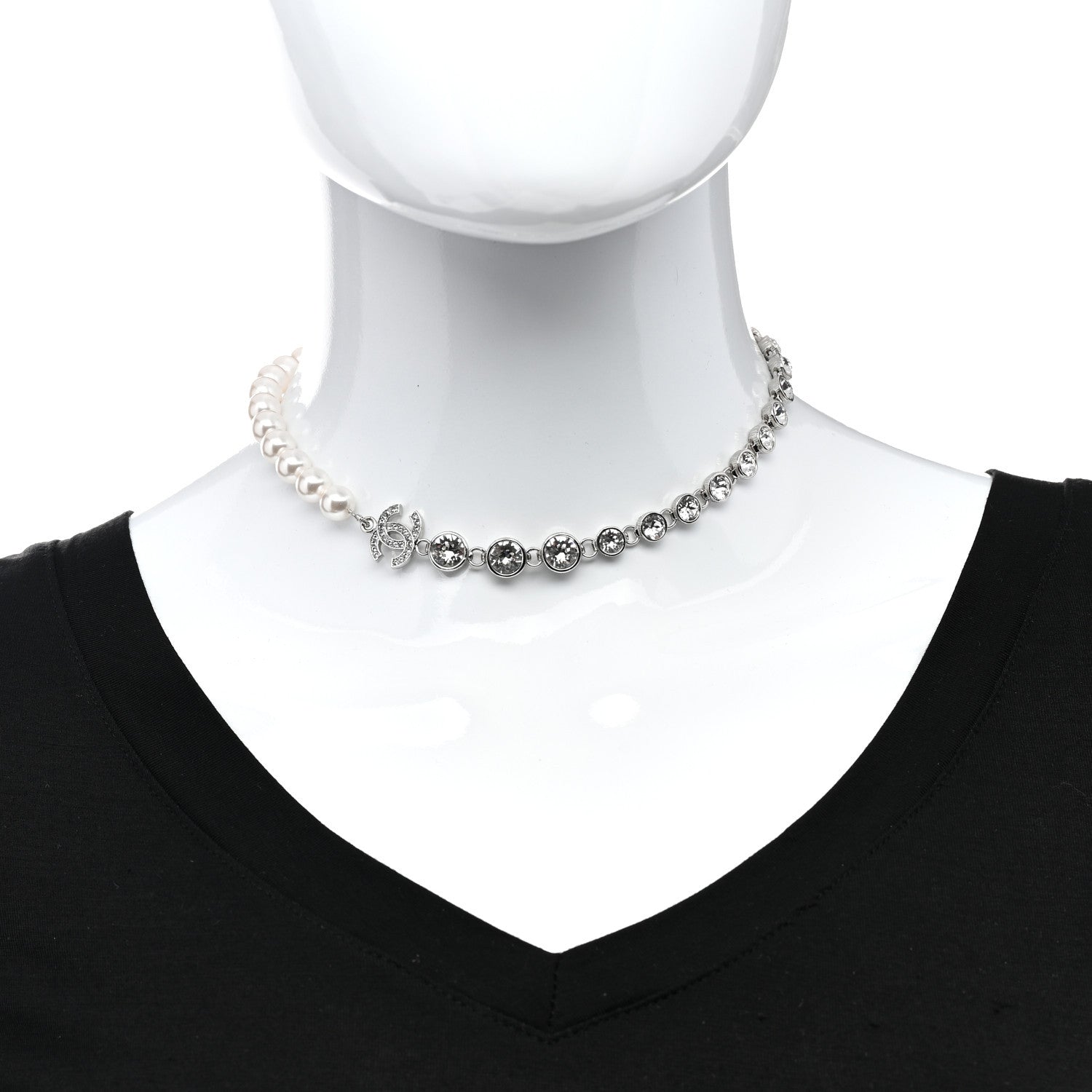 Chanel Pearl Crystal CC Choker Necklace Silver 1 of 5