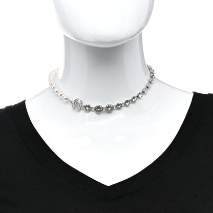 Chanel Pearl Crystal CC Choker Necklace Silver 1 of 5