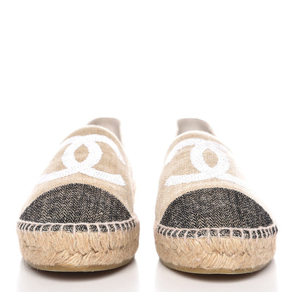 Chanel Toile Sequin CC Espadrilles 38 Beige Black 2 of 8