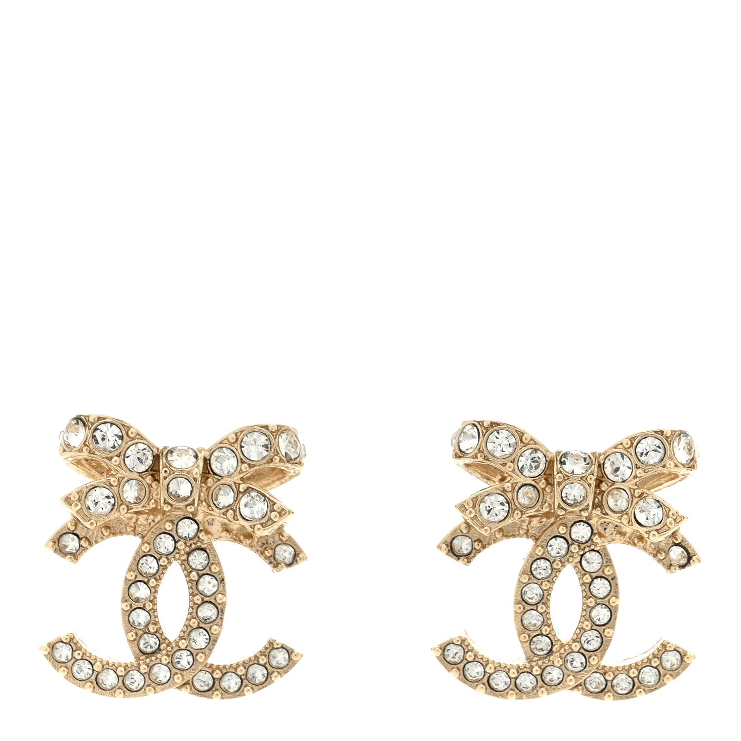 Chanel Crystal CC Bow Dangle Earrings Gold 1 of 4