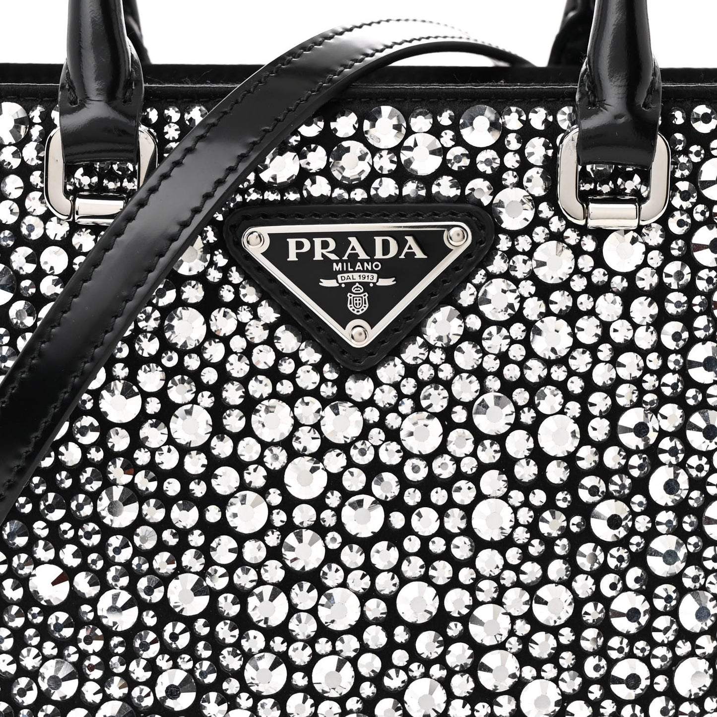 Satin Crystal Metal Triangle Logo Small Double Handle Crossbody Tote Metal