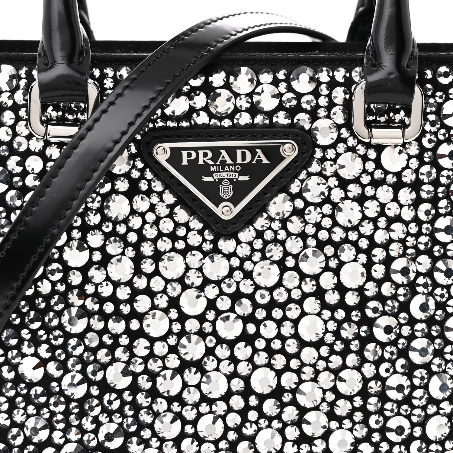 Prada Satin Crystal Metal Triangle Logo Small Double Handle Crossbody Tote Metal 8 of 11
