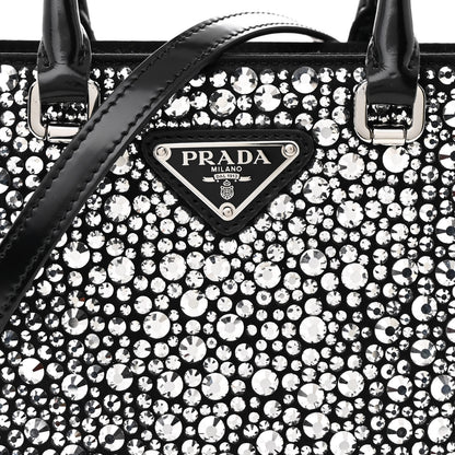 Prada Satin Crystal Metal Triangle Logo Small Double Handle Crossbody Tote Metal 8 of 11