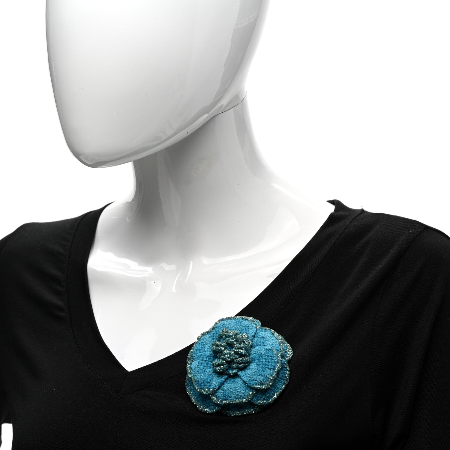 Chanel Tweed Camellia Pin Brooch Turquoise 2 of 5