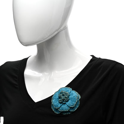 Chanel Tweed Camellia Pin Brooch Turquoise 2 of 5