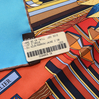 Hermes Silk Point D'Orgue Scarf 90 Bleu Azur Marron Juane D'or 4 of 9