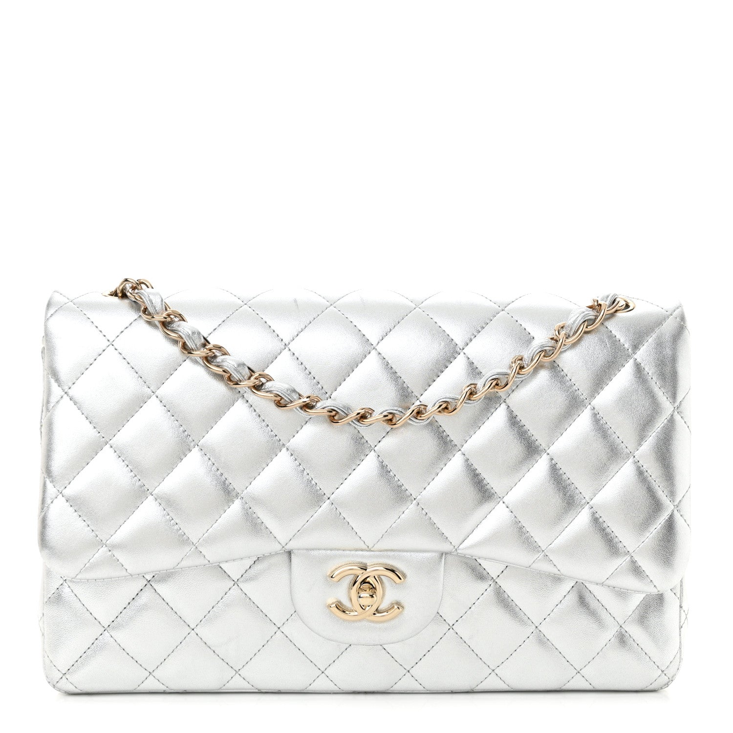 Chanel Metallic Lambskin Quilted Jumbo Double Flap Silver 1 of 15
