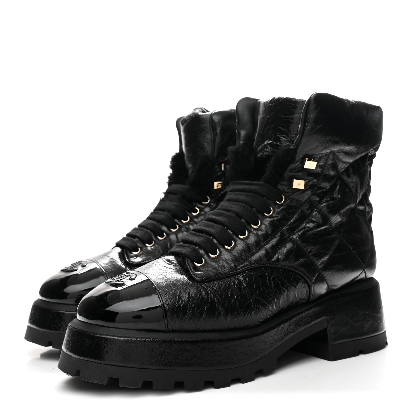 Crumpled Patent Lambskin Calfskin Quilted Lace Up Combat Boots 40.5 Black