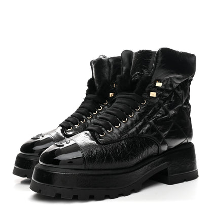 Chanel Crumpled Patent Lambskin Calfskin Quilted Lace Up Combat Boots 40.5 Black 4 of 9
