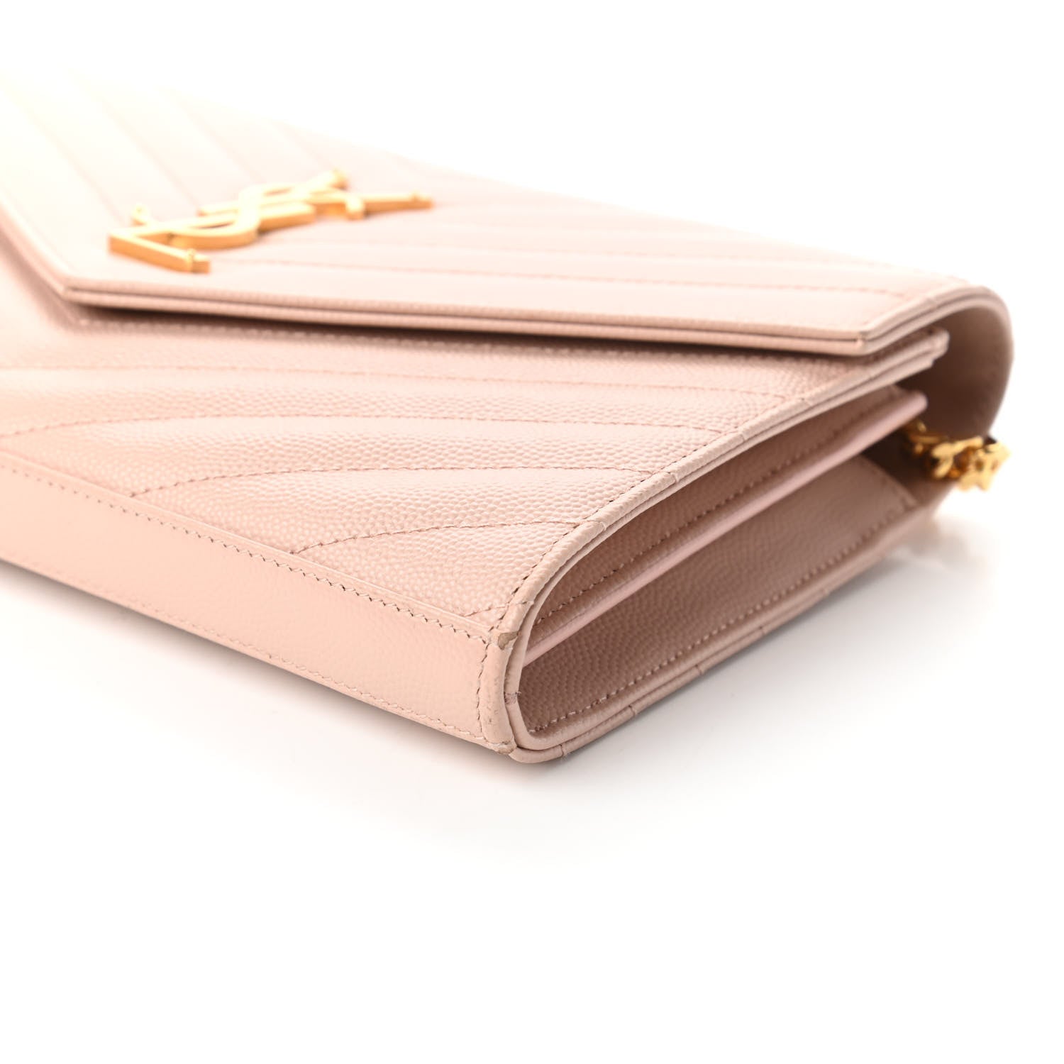 Saint Laurent Grain De Poudre Matelasse Chevron Monogram Chain Wallet Pale Pink 7 of 12