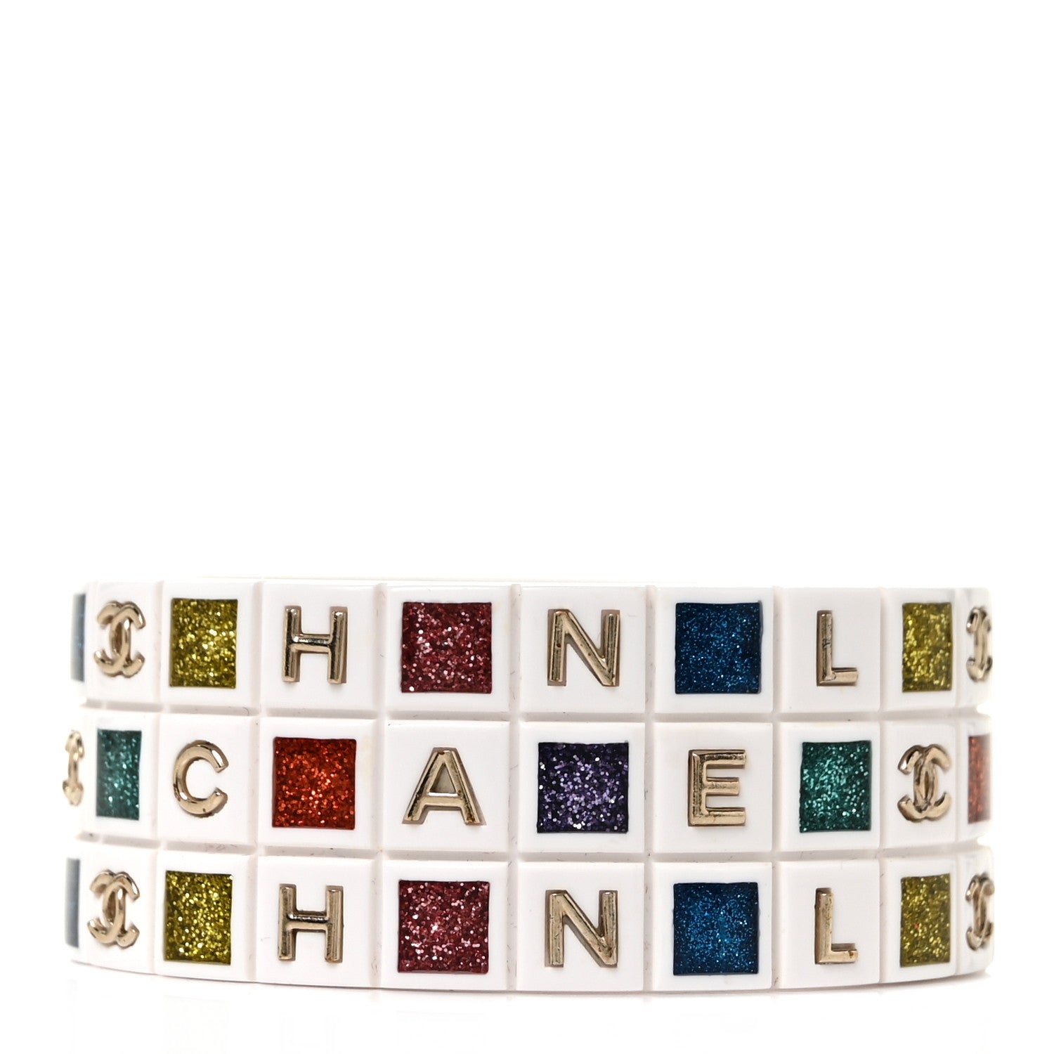 Chanel Resin Glitter CC Logo Cuff White Multicolor 1 of 4