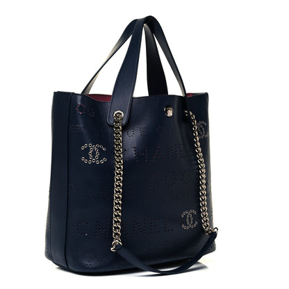 Chanel Calfskin Tweed Small Logo Eyelets Shopping Tote Navy Blue 5 of 11