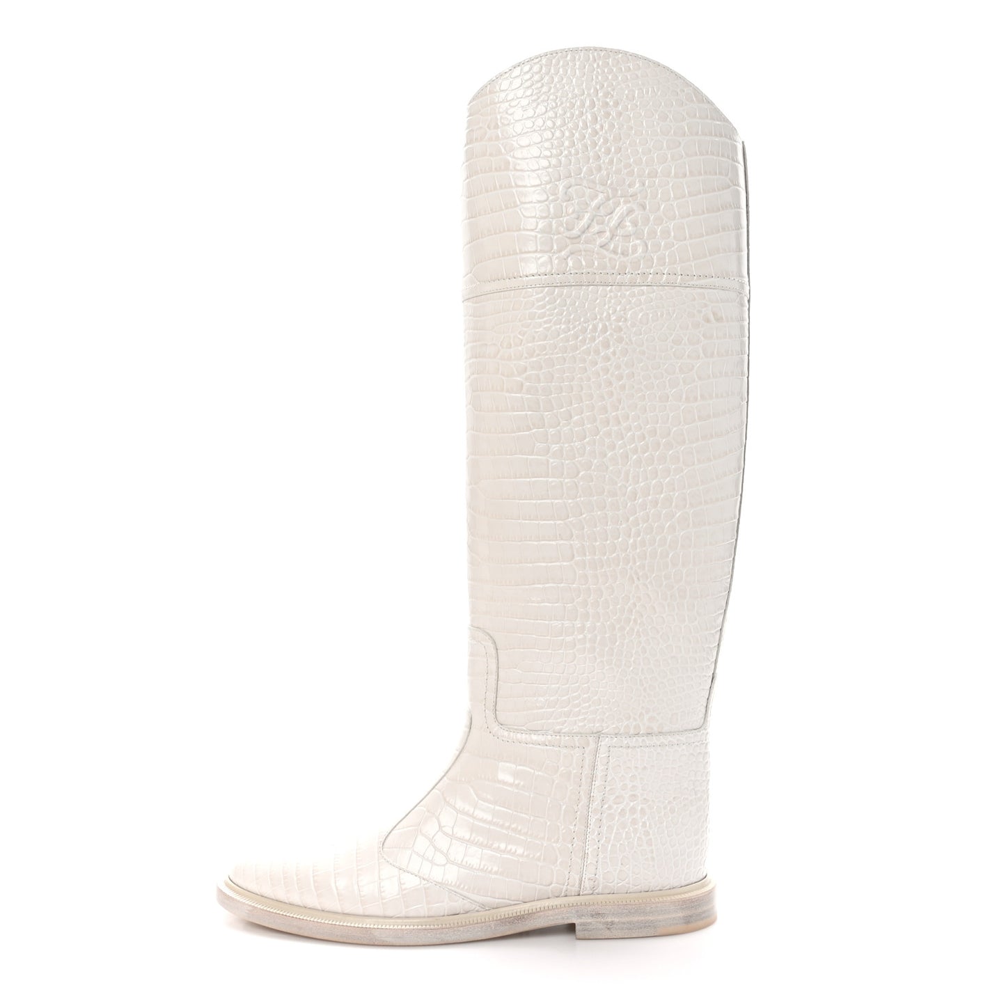 Calfskin Crocodile Embossed Karligraphy Logo Riding Boots 38 White