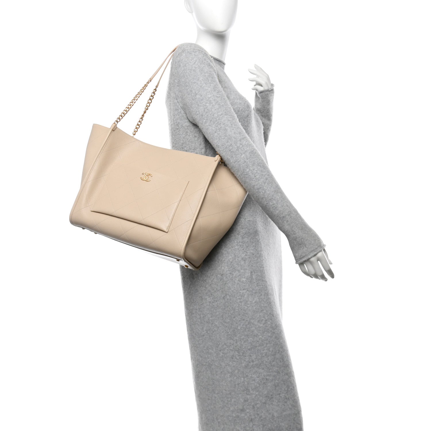 Chanel Caviar Stitched Pocket CC Large Tote Light Beige 2 of 11
