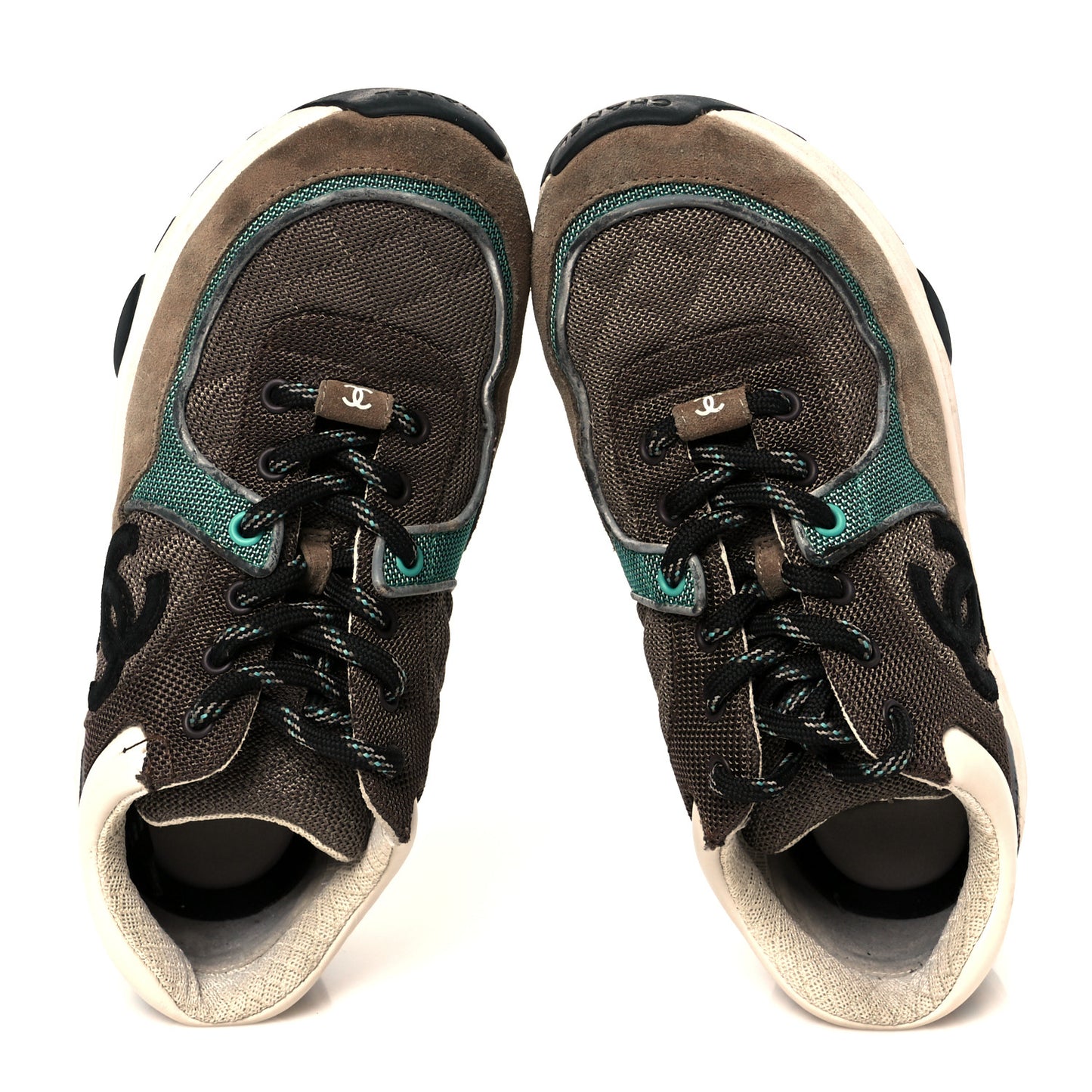 Nylon Calfskin Suede Womens CC Sneakers 37.5 Brown Green