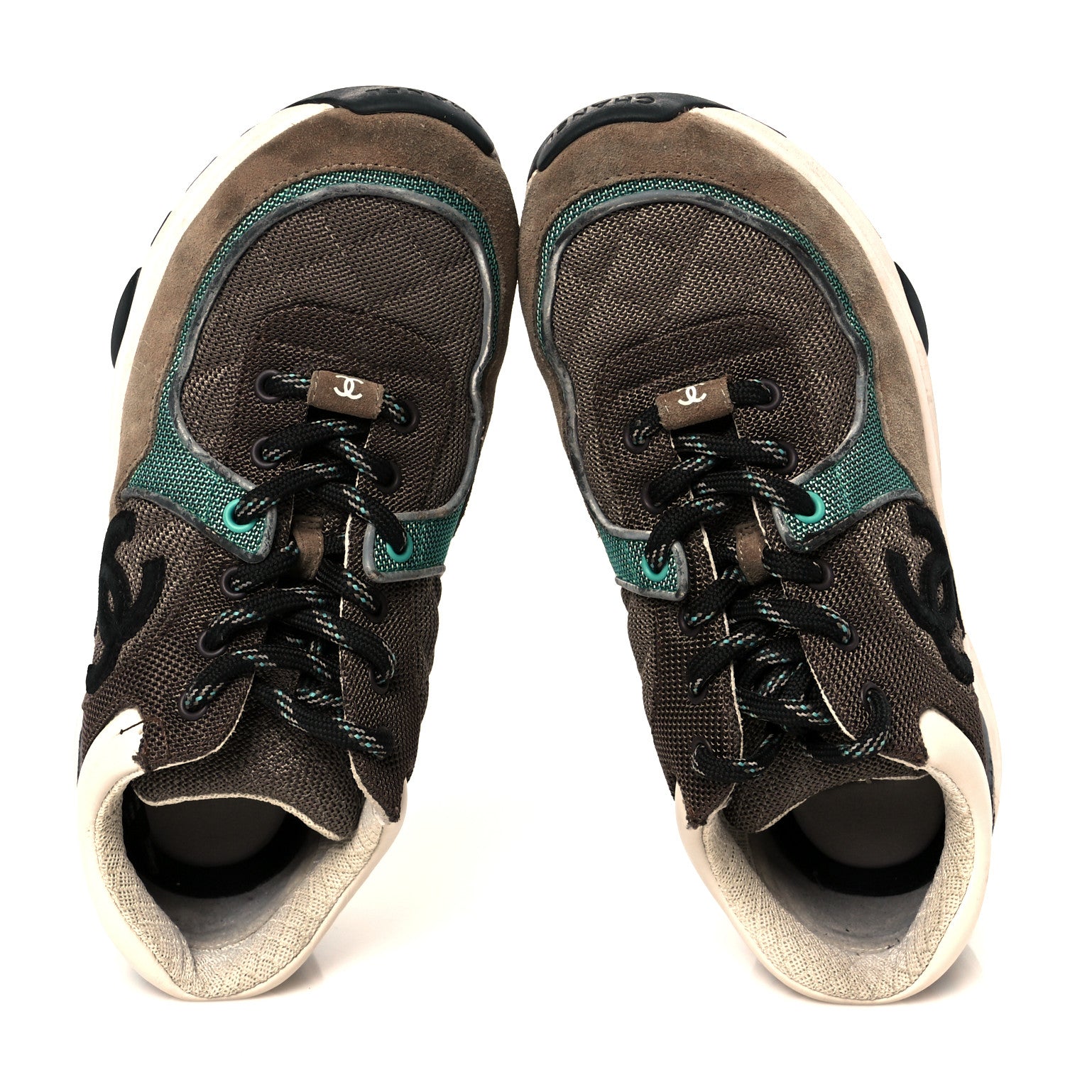 Chanel Nylon Calfskin Suede Womens CC Sneakers 37.5 Brown Green 3 of 11