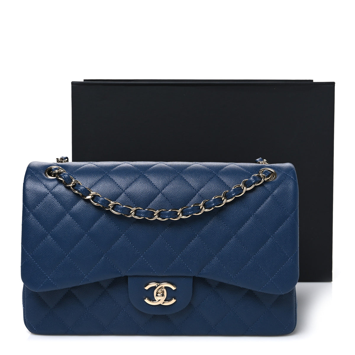 Caviar Quilted Jumbo Double Flap Navy Blue