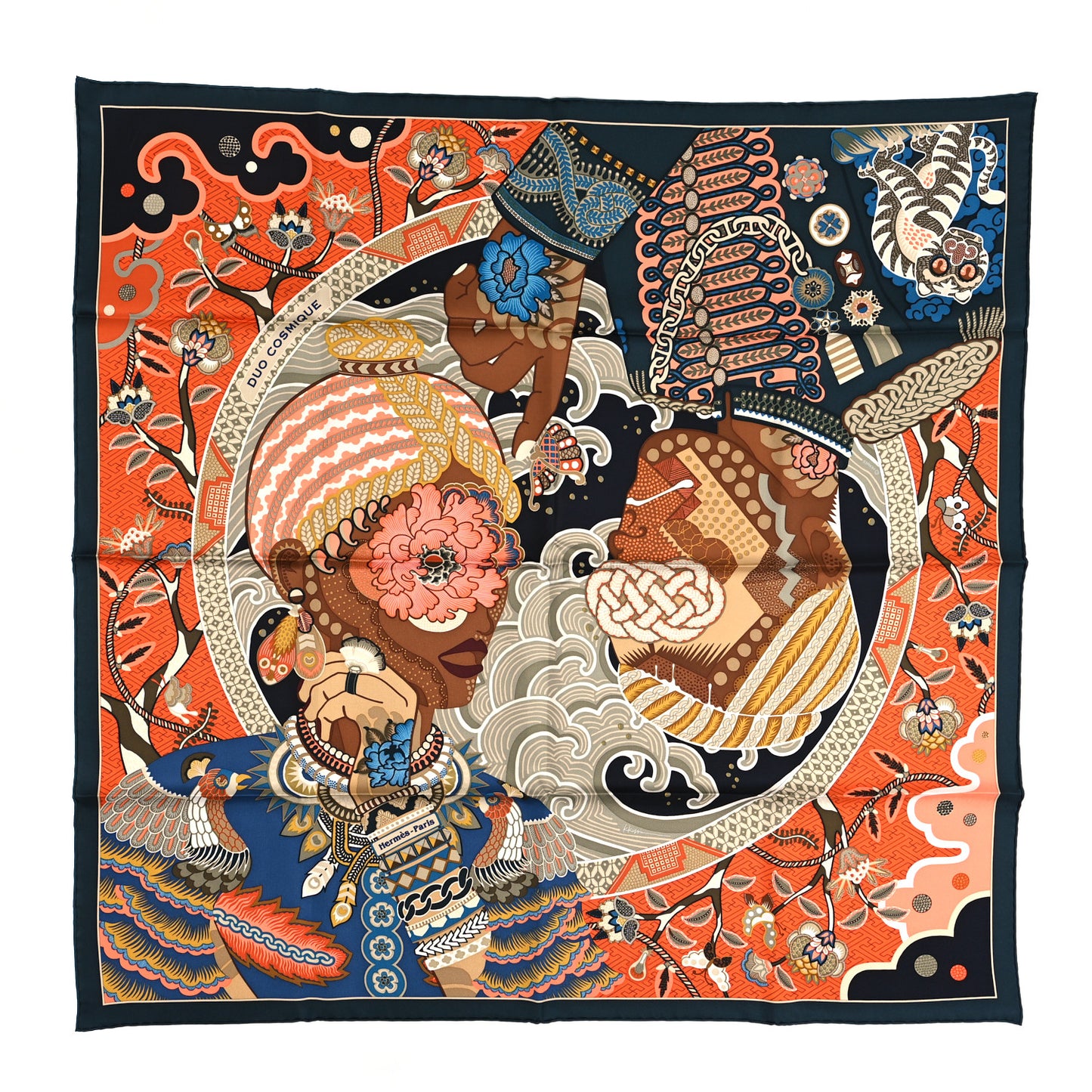 Silk Twill Duo Cosmique Scarf 90 Vert Black Corail