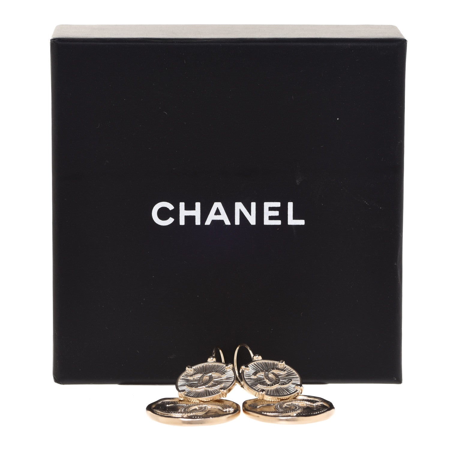 Chanel Metal Round CC Medallion Drop Earrings Gold 5 of 5