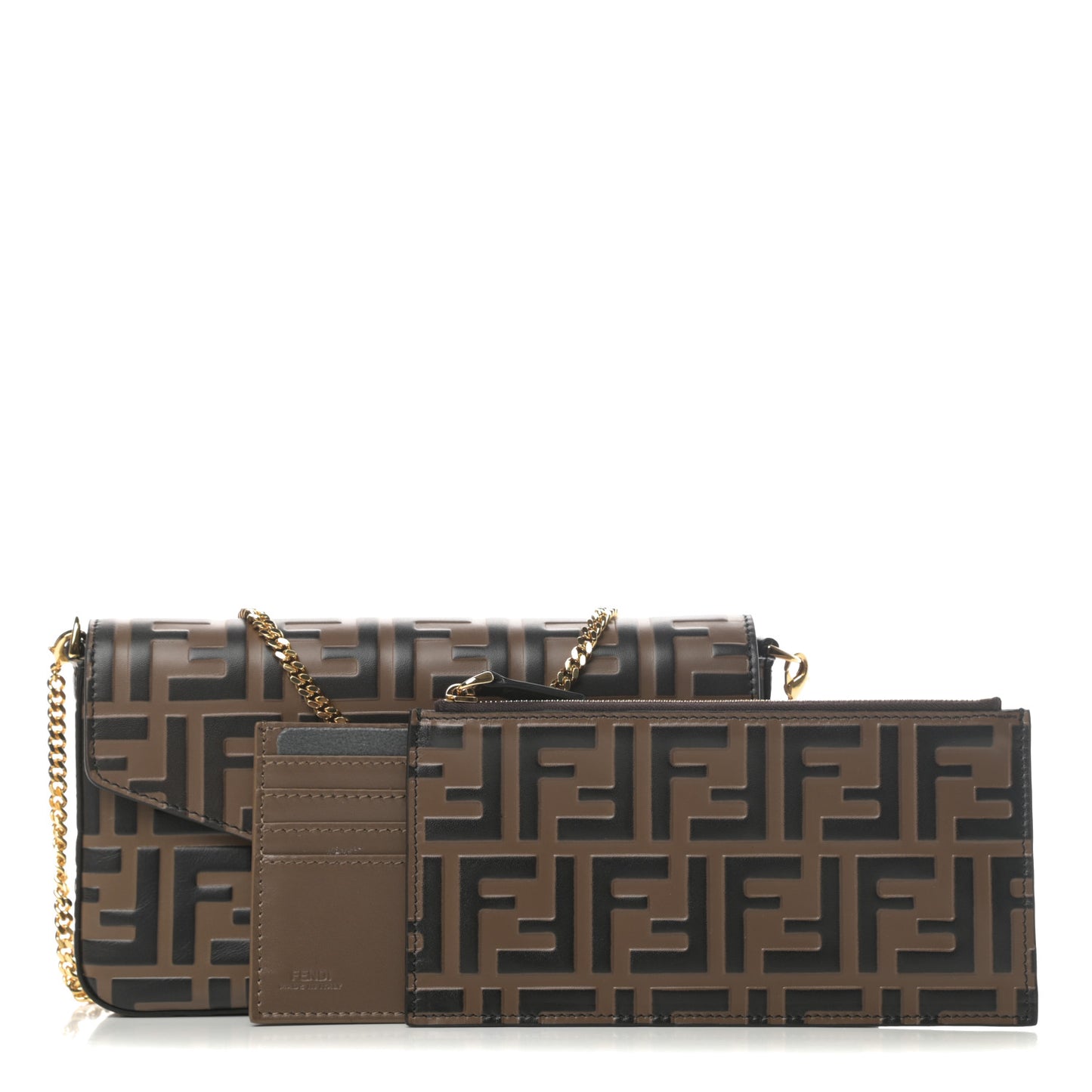 Vitello Soft F is Fendi Bi-Color FF 1974 Embossed Envelope Wallet On Chain with Pouches Maya Black