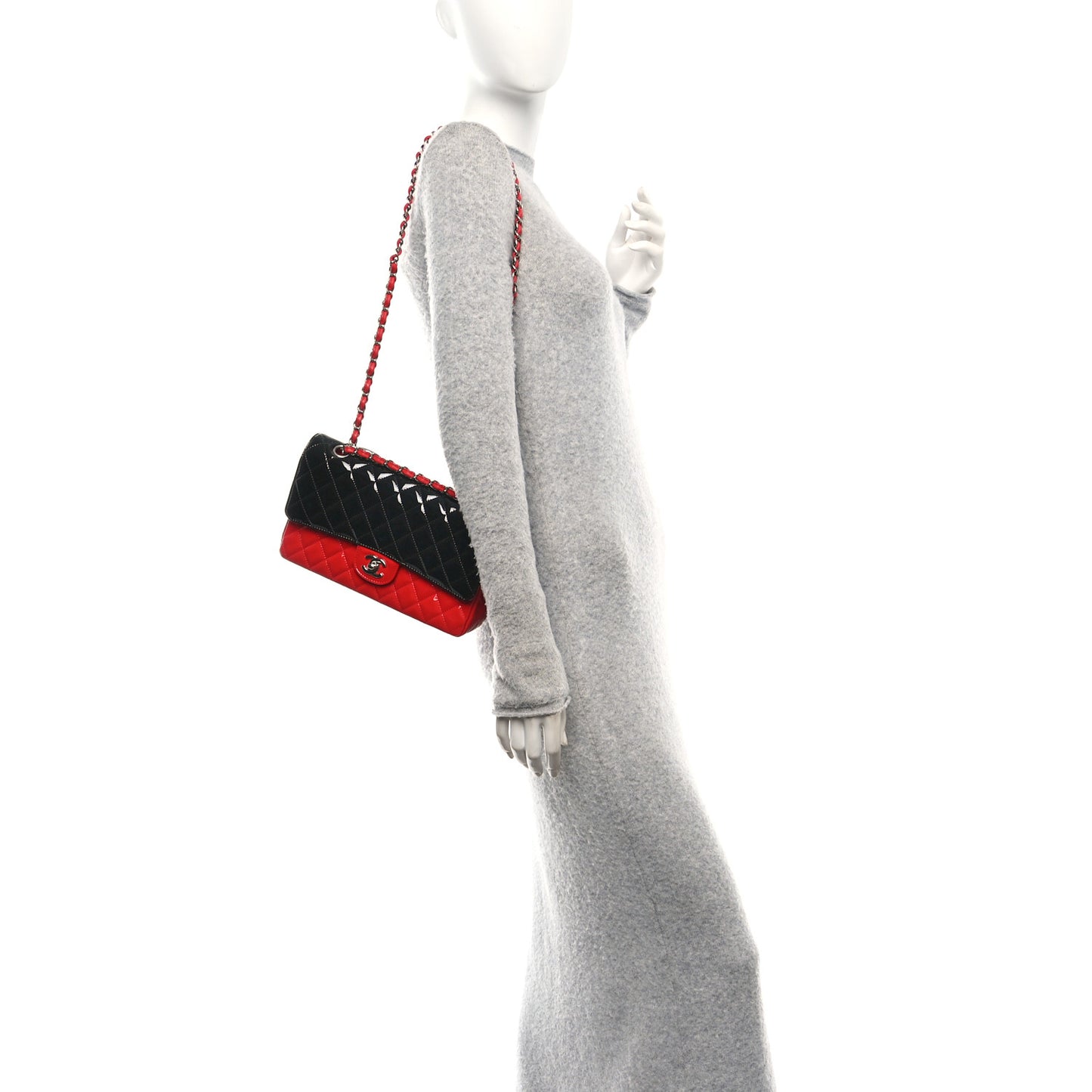 Patent Calfskin Quilted Bi-Color Medium Double Flap Black Red