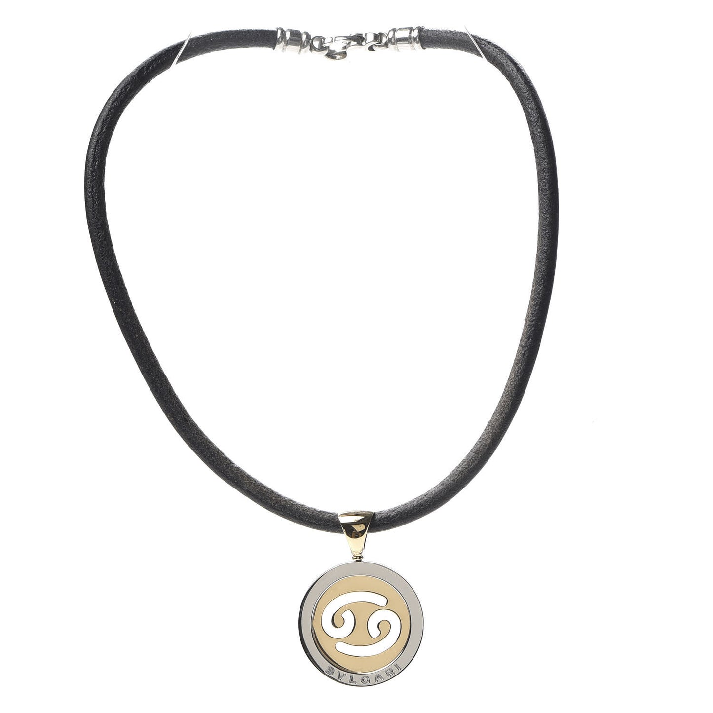 18K Yellow Gold Stainless Steel Calfskin Tondo Cancer Zodiac Pendant Necklace