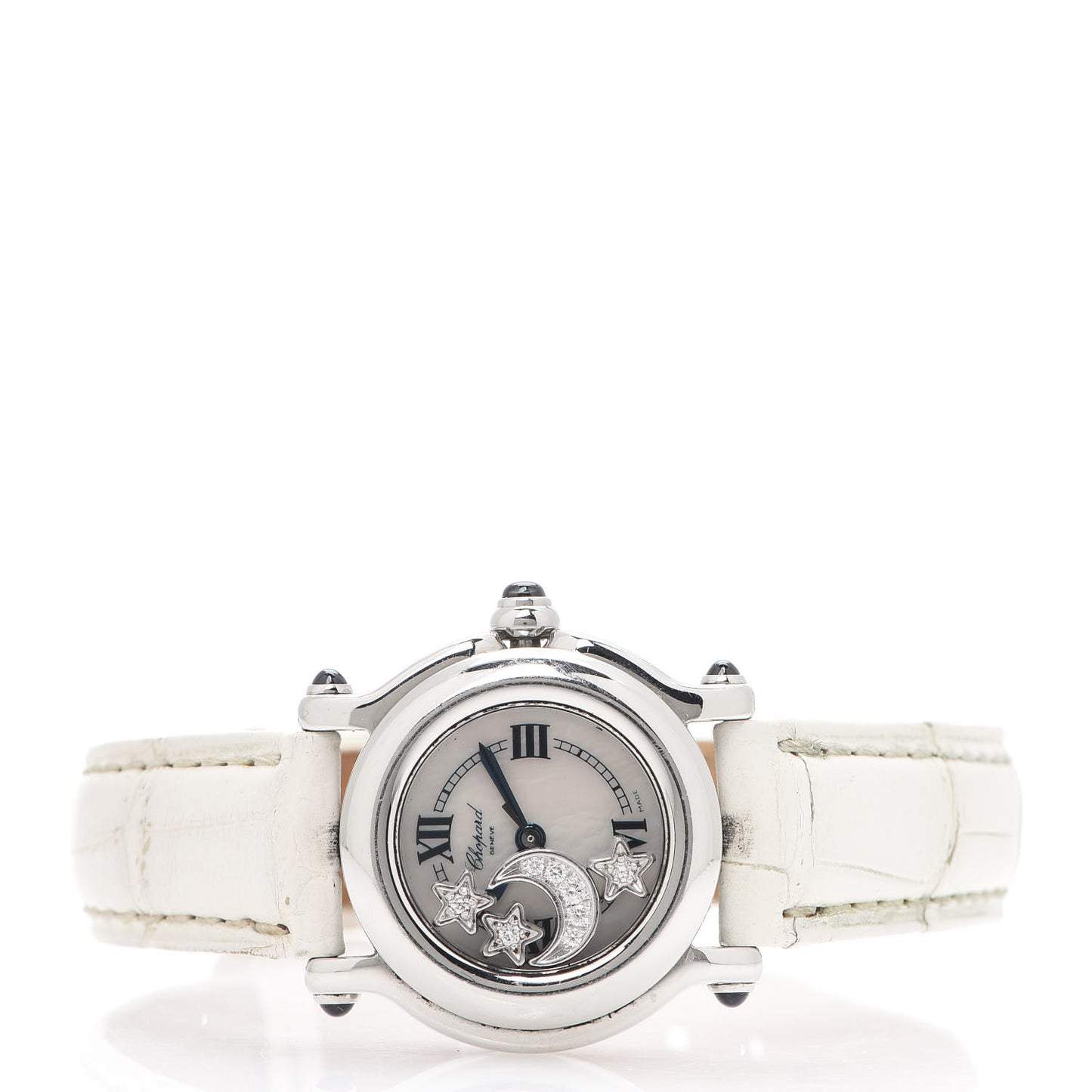 Stainless Steel Alligator Diamond Mother of Pearl 26mm Happy Sport Moon Star Quartz Watch