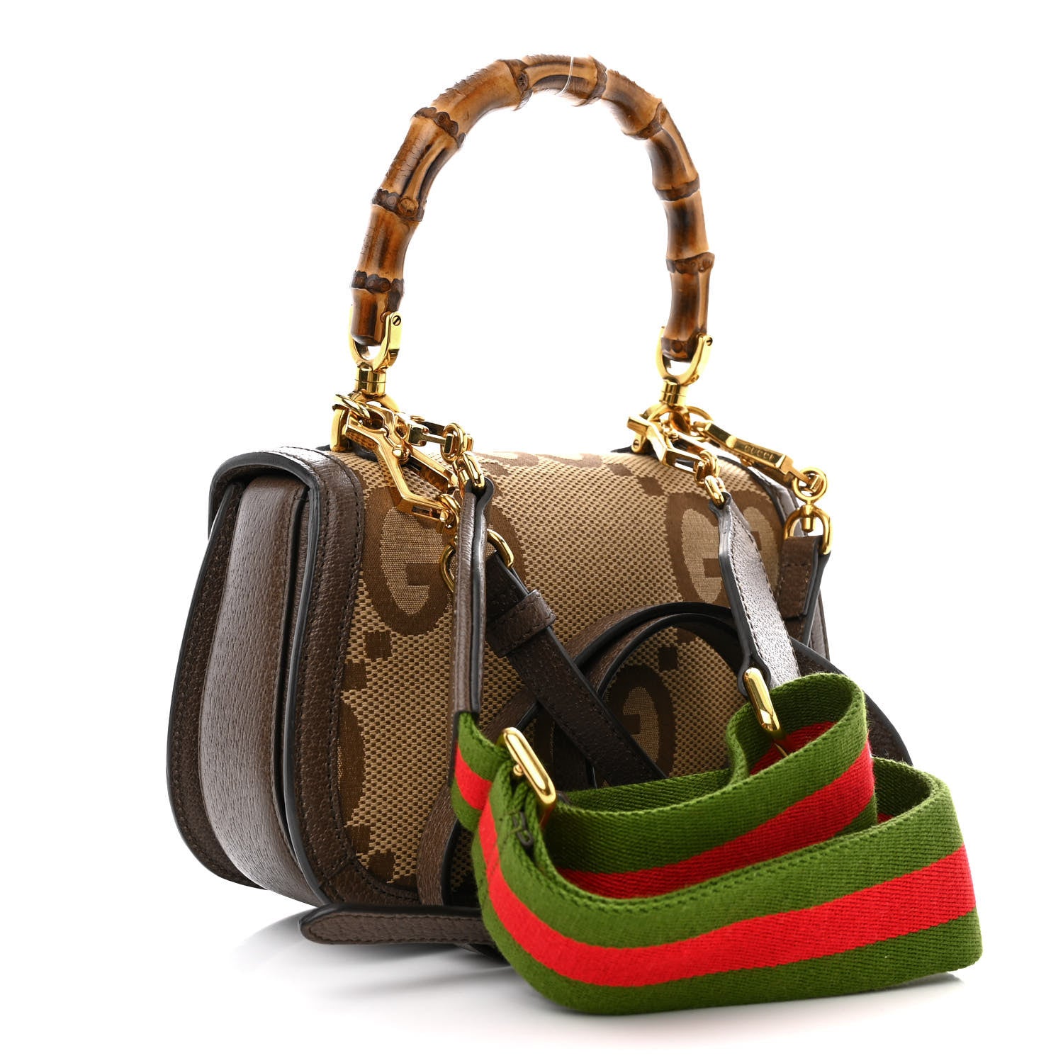 Gucci Monogram Jumbo GG Textured Dollar Calfskin Web Small Bamboo 1947 Top Handle Bag Camel Ebony New Acero 3 of 12