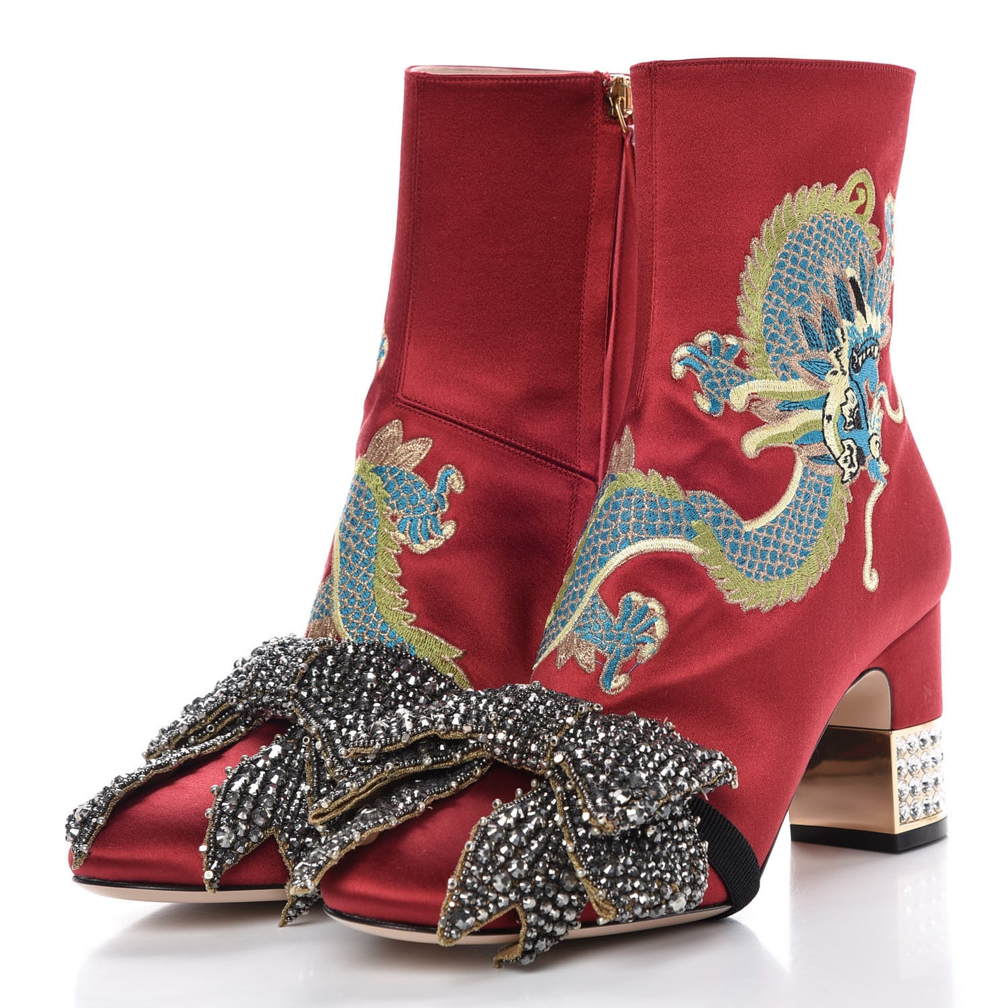 Silk Satin Malaga Kid Embroidered Candy Dragon Block-Heel Ankle Boot 38.5 Hibiscus Red