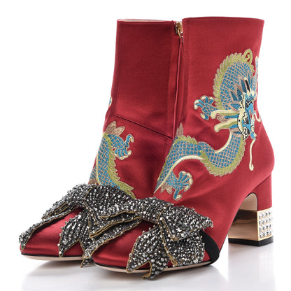 Gucci Silk Satin Malaga Kid Embroidered Candy Dragon Block-Heel Ankle Boot 38.5 Hibiscus Red 5 of 13