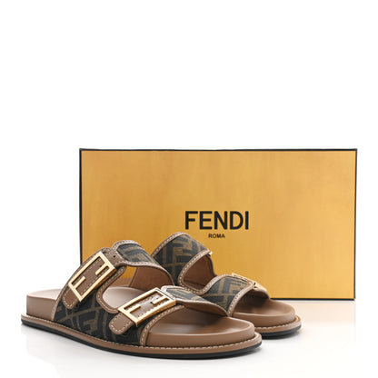 Fendi Fabric Jacquard Nappa FF Womens Fendi Feel Buckled Slide Sandals 41 Tobacco Black Miele Scuro 18 of 18