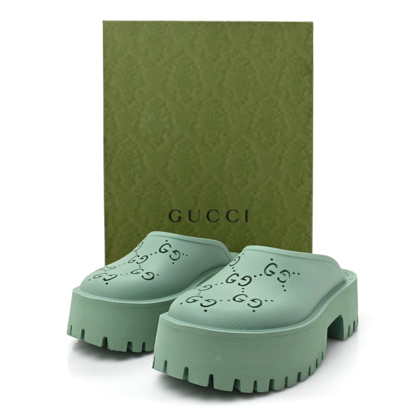 Rubber GG Monogram Perforated Elea Platform 55mm Lug Sole Sandals 39 Pacific Green