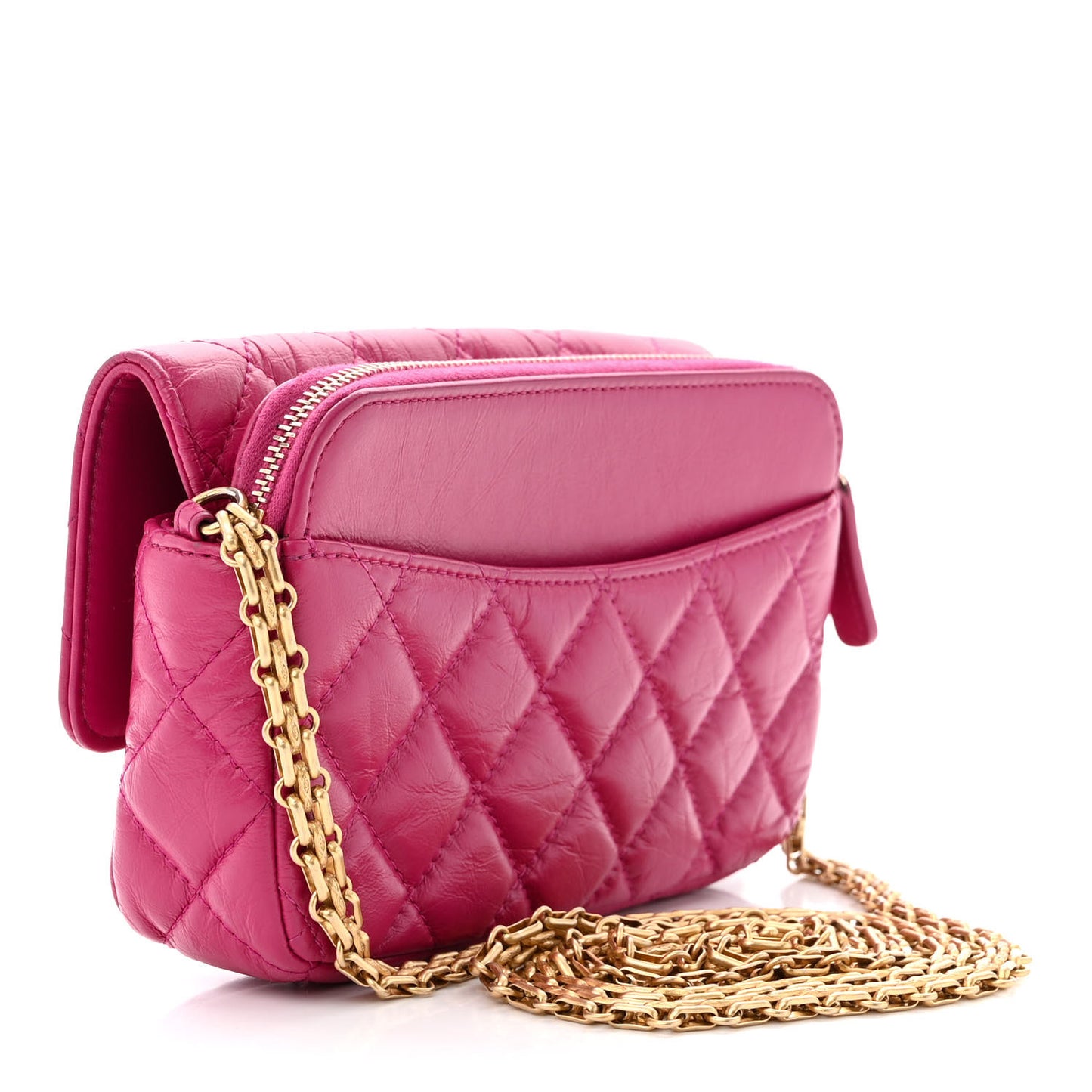 Aged Calfskin Quilted 2.55 Reissue Phone Holder With Chain Fuchsia