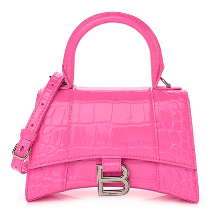 Balenciaga Shiny Calfskin Crocodile Embossed Hourglass Top Handle Bag XS Neon Pink 1 of 12