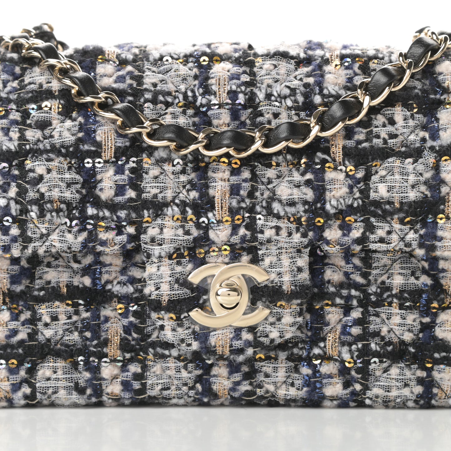 Glittered Tweed Quilted Mini Rectangular Flap Navy Blue