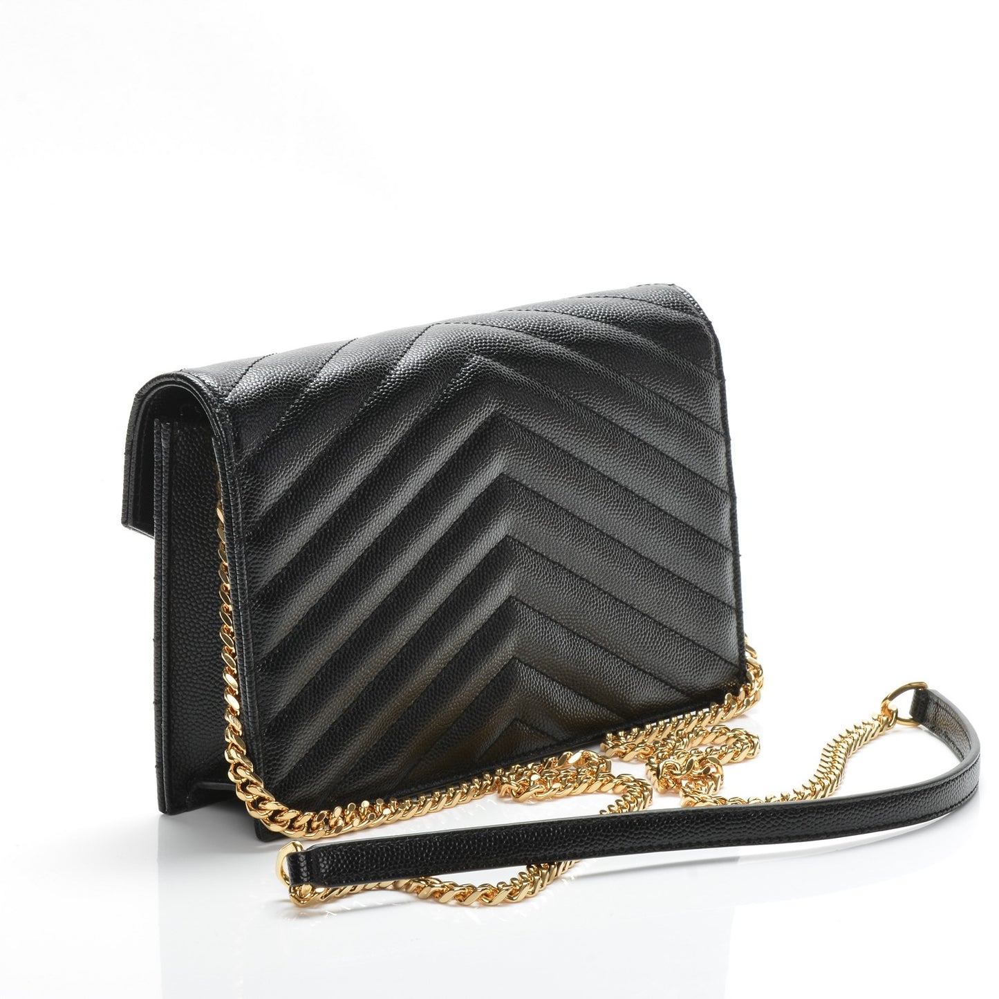 Grain De Poudre Matelasse Chevron Monogram Envelope Chain Wallet Black