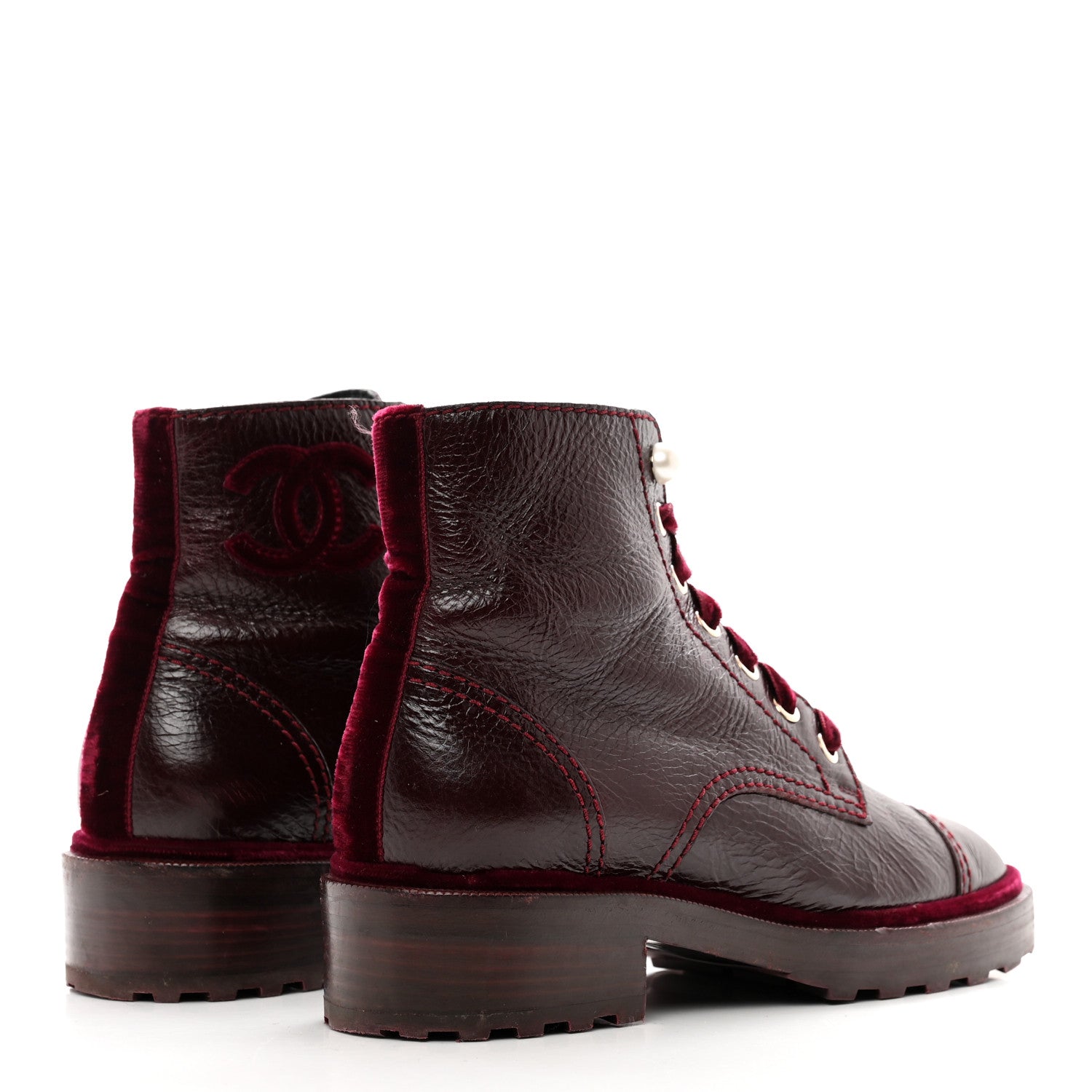 Chanel Shiny Calfskin Velvet Pearl Combat Short Boots 37.5 Burgundy 4 of 10