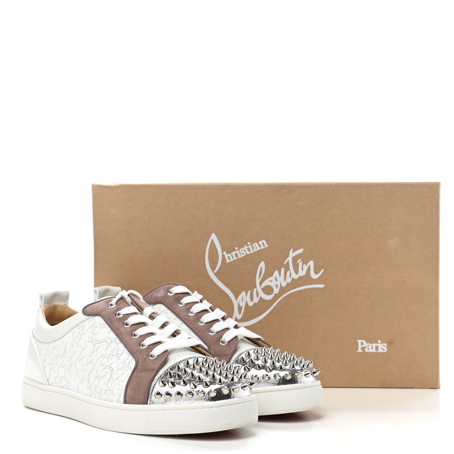 Christian Louboutin Calfskin Mens Louis Junior Spikes Orlato Flat Sneakers 42 White Sliver 10 of 10