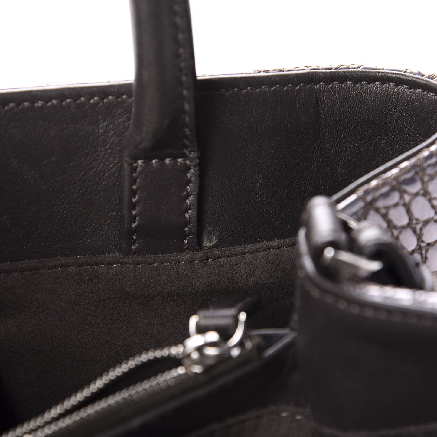 Metallic Calfskin Crocodile Embroidered Petite 2Jours Tote Silver Mirror