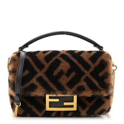 Fendi Shearling Vitello Dolce Macro FF 1974 Mini Baguette Tobacco Black 1 of 11