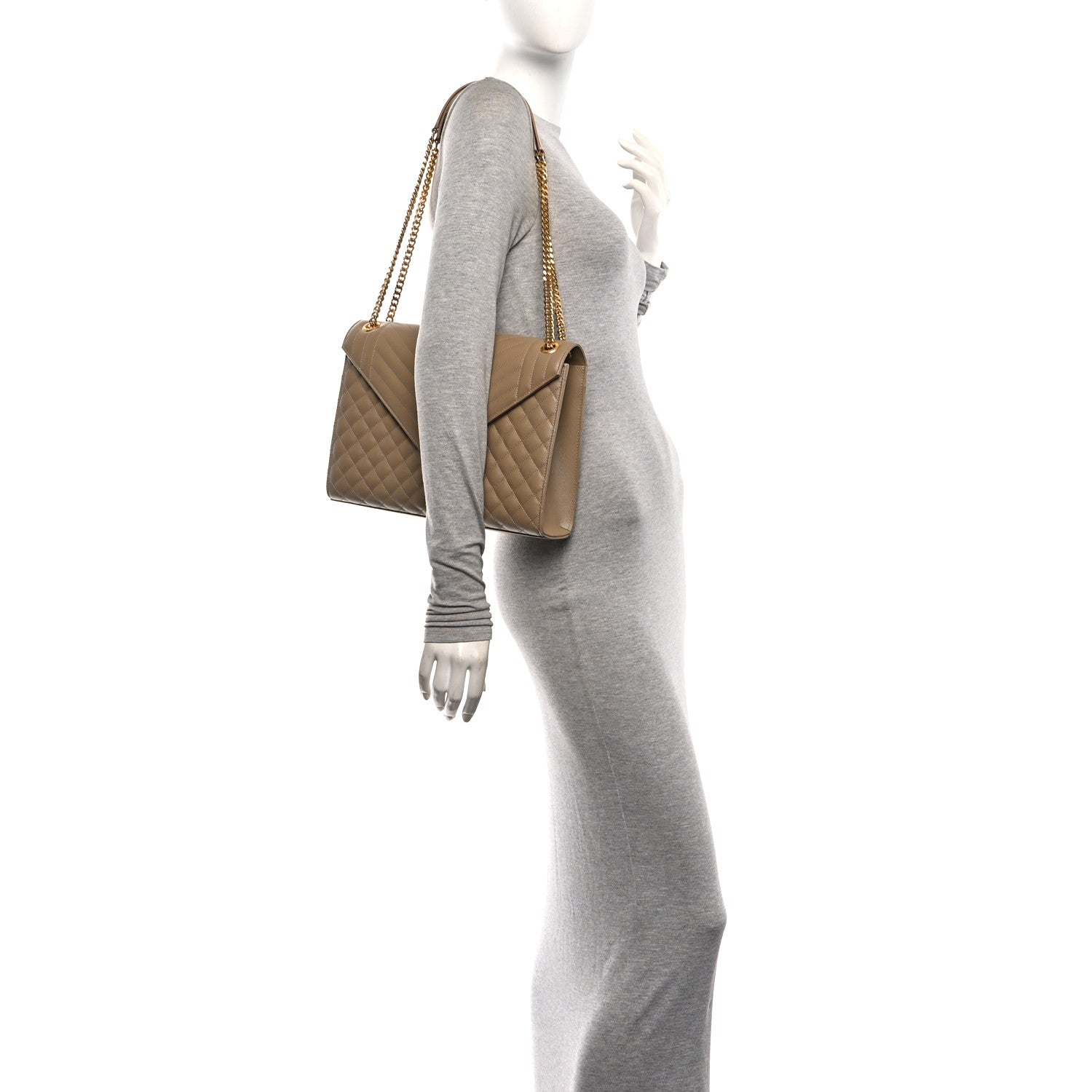 Saint Laurent Grain De Poudre Mixed Matelasse Large Triquilt Monogram Satchel Dark Latte 2 of 10