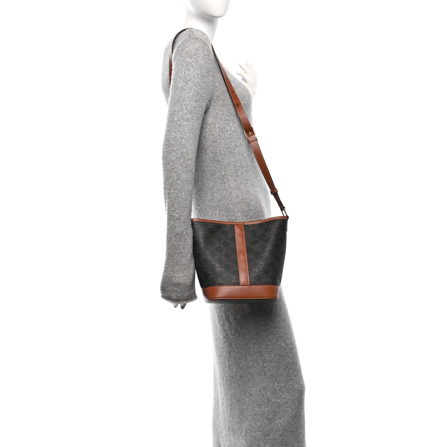 Triomphe Canvas Calfskin Small Bucket Bag Tan