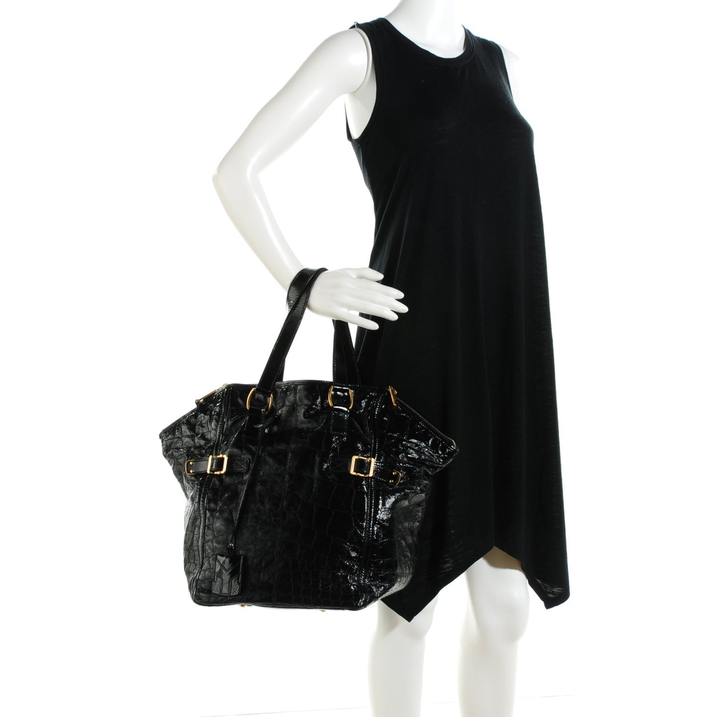 Patent Crocodile Embossed Medium Downtown Tote Black