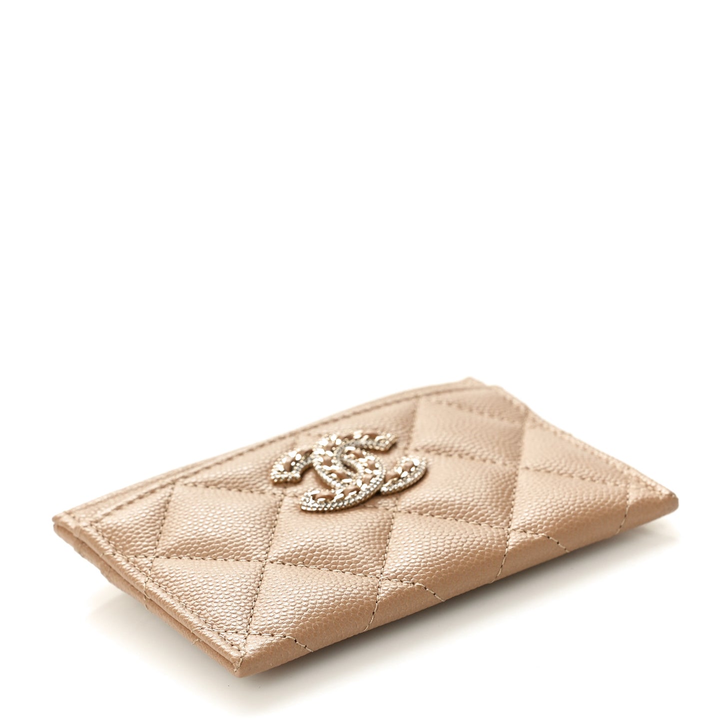 Caviar Quilted Crystal Card Holder Beige