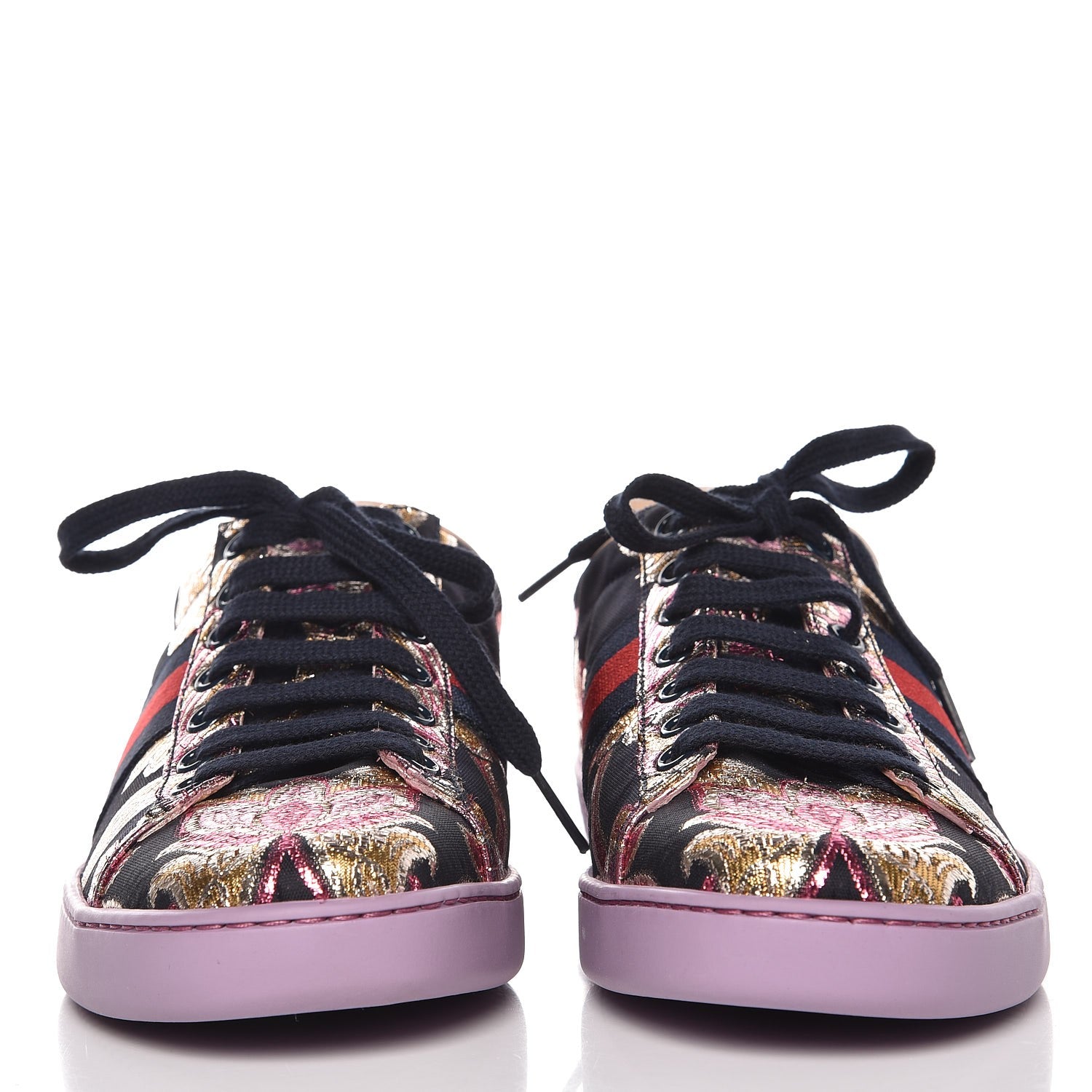 Gucci Lurex Brocade Web Nappa Womens Ace Sneakers 37.5 Black Pink Oro Vecchio 3 of 9