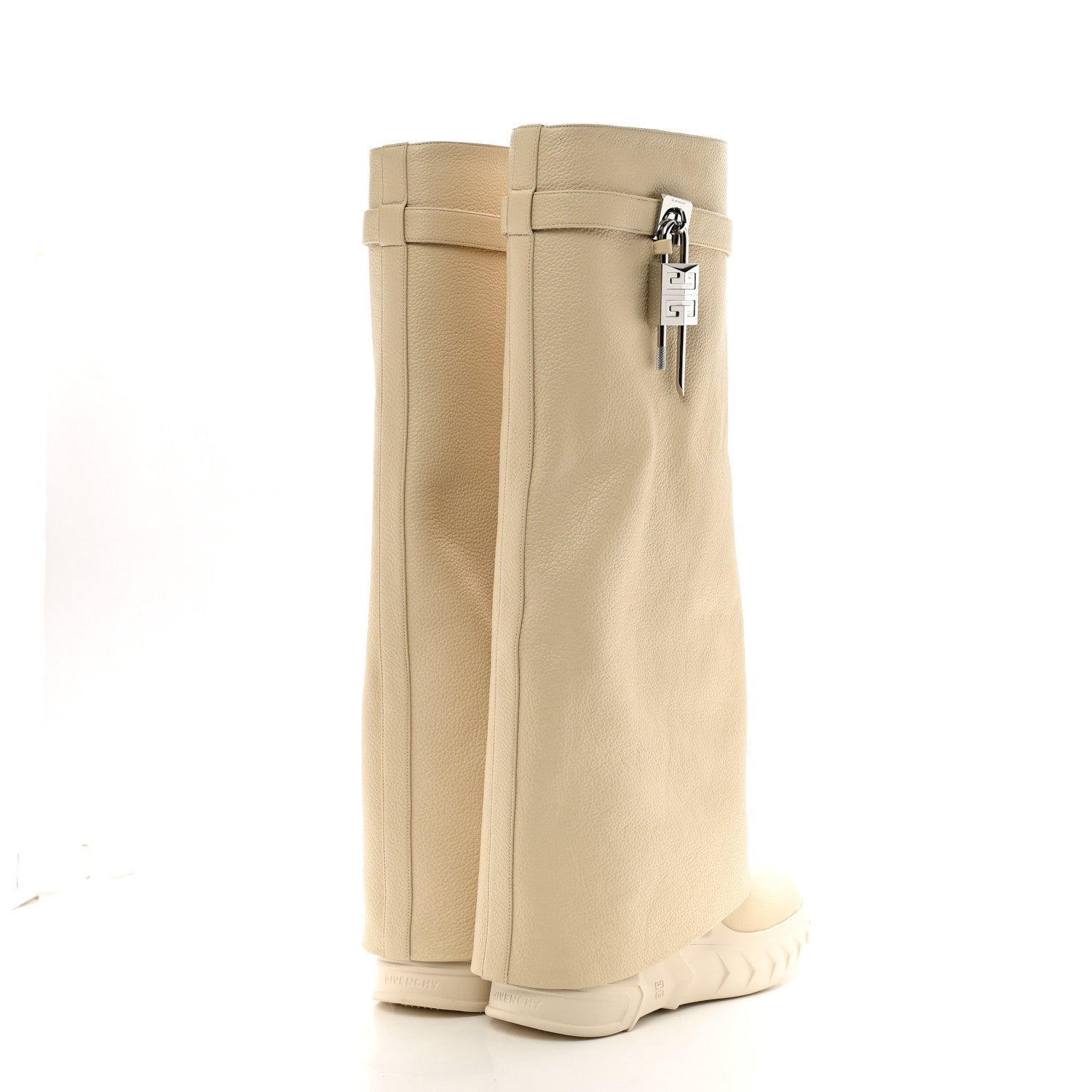 Givenchy Grained Calfskin Shark Lock Biker Knee Boots 40 Beige 4 of 8