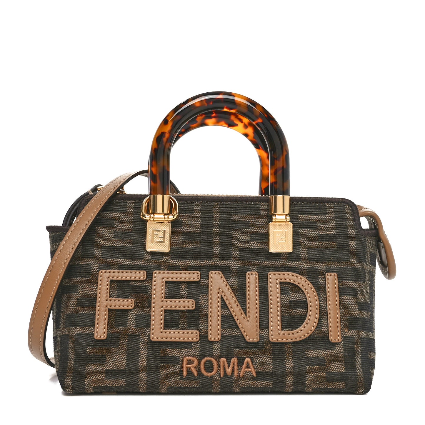 Fabric Jacquard Vitello King Plexiglass FF 1974 Logo Embroidered Mini By The Way Top Handle Boston Bag Tobacco Moro Sand