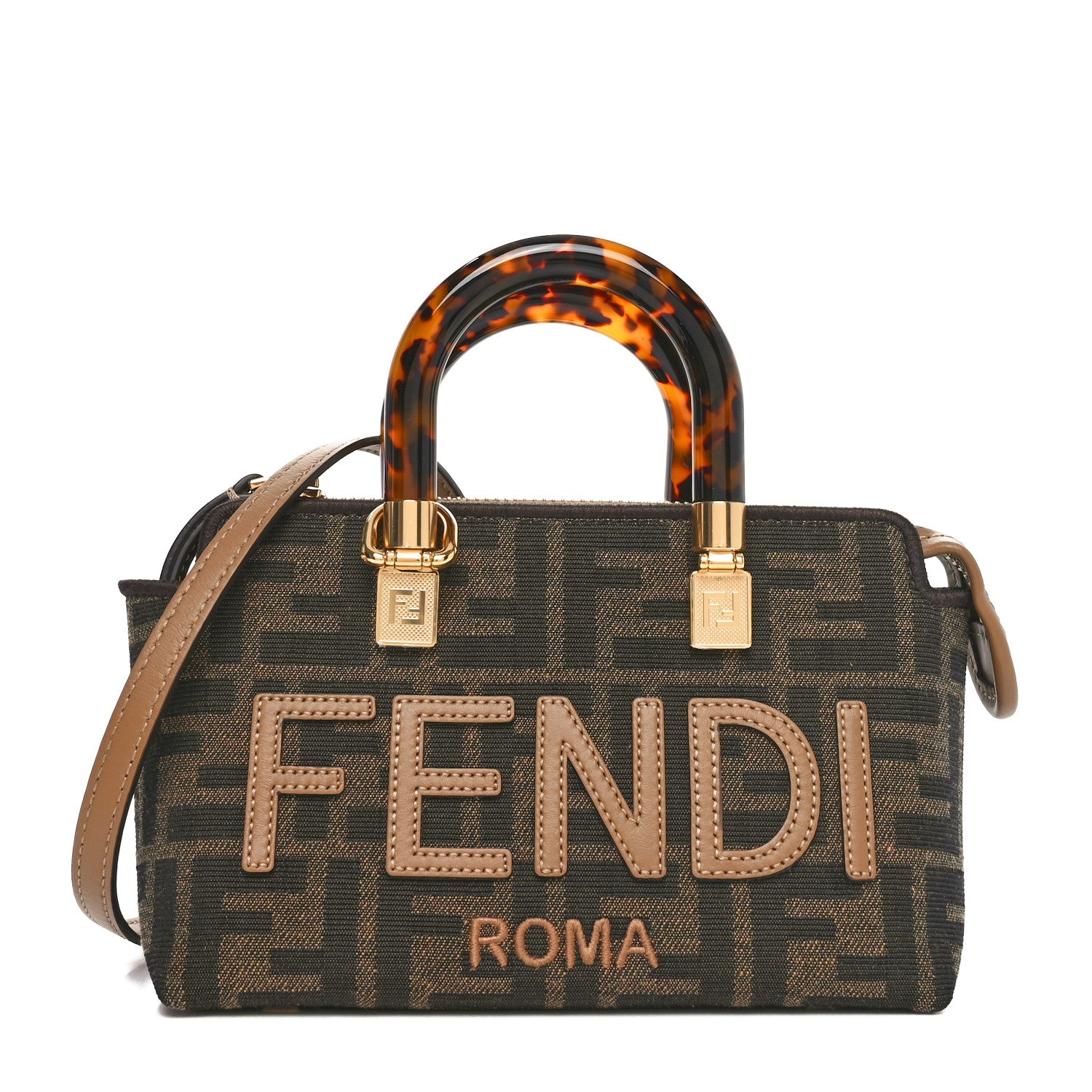 Fendi Fabric Jacquard Vitello King Plexiglass FF 1974 Logo Embroidered Mini By The Way Top Handle Boston Bag Tobacco Moro Sand 1 of 10
