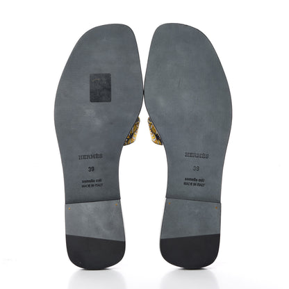 Hermes Silk Printed Sous L'Egide de Mars Oran Sandals 39 Bleu Black 5 of 10