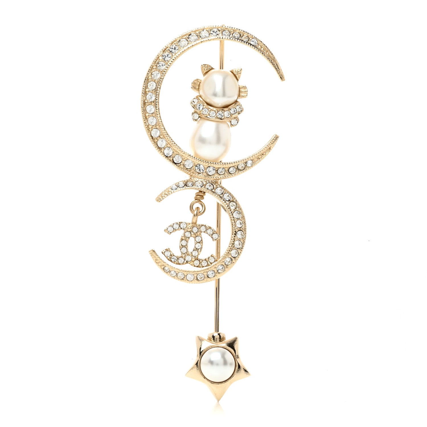 Chanel Pearl Crystal CC Drop Cat Moon Brooch Gold 1 of 4